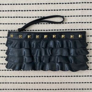 Cute Black Ruffled Faux Leather Clutch Purse with Gold Stud Details 11” x 5”